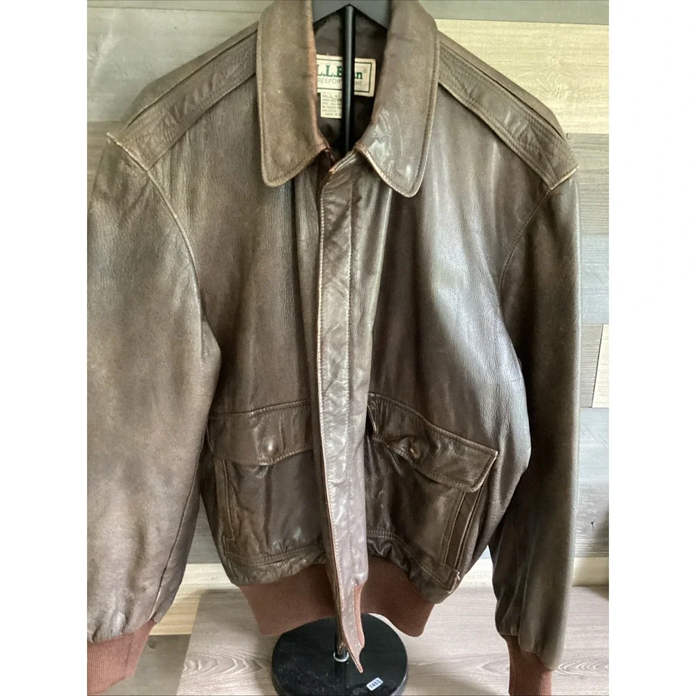 LL Bean Vintage Leather Flight Jacket Brown A-2 Bomber Made in USA Size 42